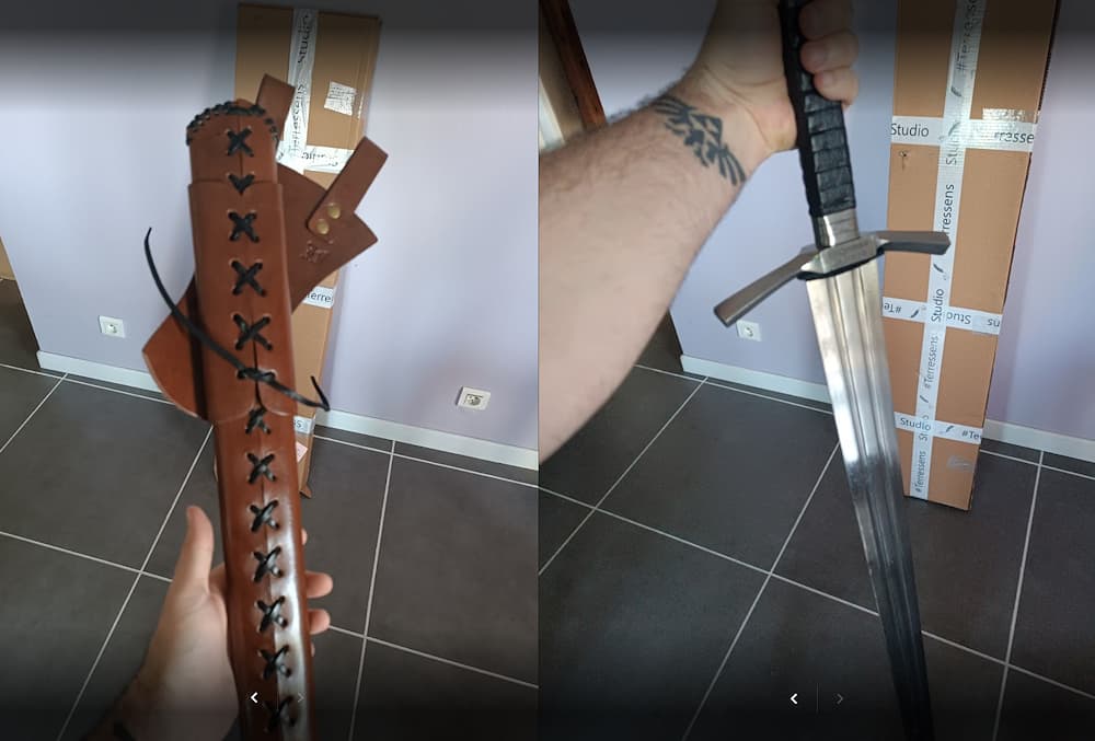 Épée « Fidelis », épée médiévale de frappe à deux mains, fourreau lacé en cuir #Terressens avec gravure personnalisée | Photo client : Jonathan Chérel. Tous droits réservés.