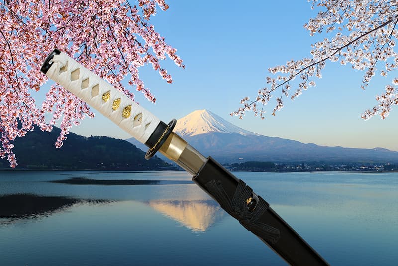 Tantō tranchant avec fourreau (saya 鞘) en bois laqué noir, sageo (下緒) noire, tsuka-Ito (柄糸) blanche, livré avec une housse de protection en tissu | Comme le katana et le wakizashi que j’accompagne, je porte le nom de la force vitale liée à la floraison des arbres, symbole de la vie terrestre délicate et fragile, comme les fleurs de cerisiers.