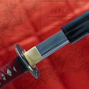 Katana « Musha shugyō » (武者修行), forge Shihozume, trempe sélective, ito et sageo rouge sombre