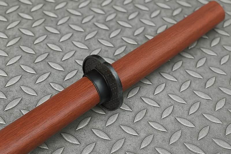 Bokken (木剣 katana d’entraînement en bois, bokutō (木刀) au Japon), avec tsuba maintenu par un anneau élastique