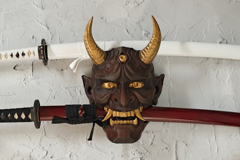 Support de présentation mural pour deux sabres japonais (deux katanas ou un katana et un wakizashi) imprimé en 3D et peint à la main | Dans la culture japonaise, les Oni (鬼, démon, ogre, esprit redoutable, entité surnaturelle) sont des esprits redoutables nés des excès humains, colère, orgueil, violence, mais aussi gardiens ambigus de l’ordre du monde....