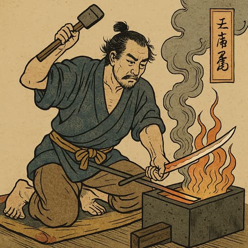 Estampe japonaise représentant Masamune en plein travail dans sa forge #Terressens