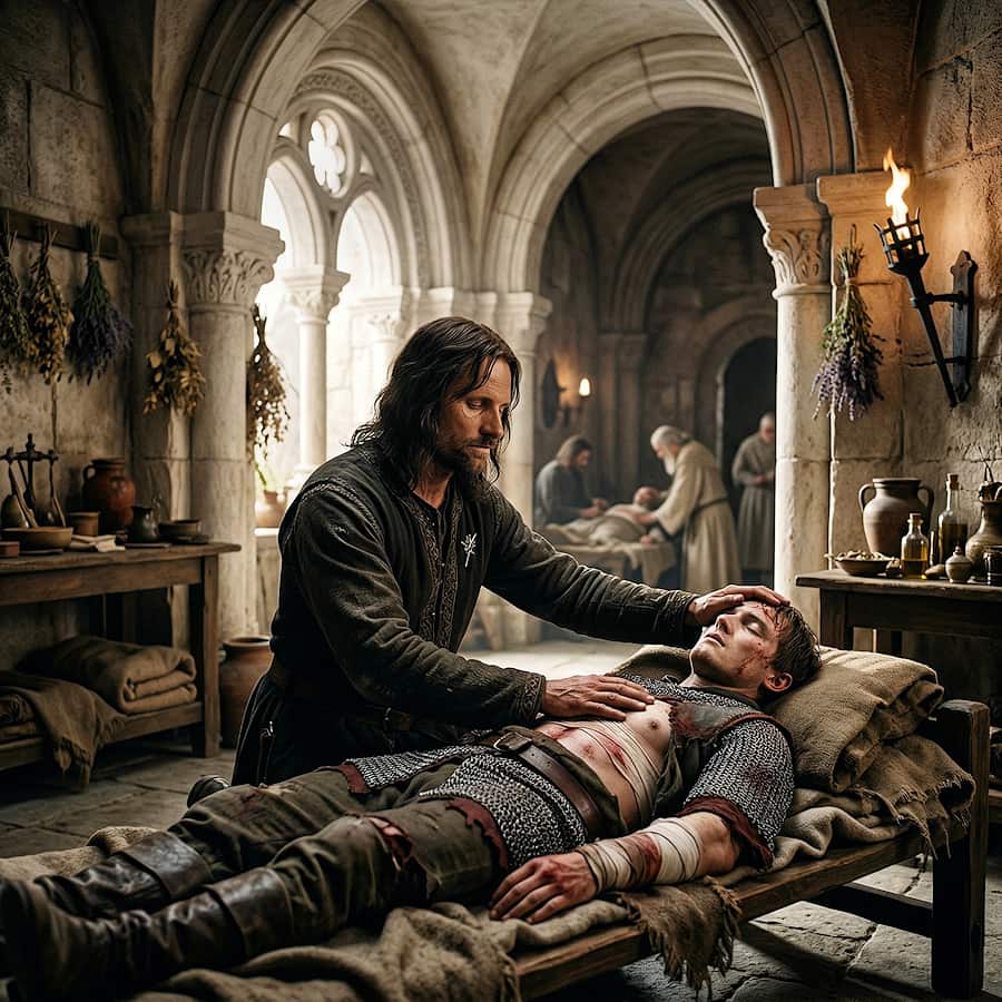 Aragorn, le roi qui guérit comme au Moyen Âge. Les illustrations de cette rubrique sont créées à l’aide de l’intelligence artificielle, sous la direction de notre équipe éditoriale. Cette technologie nous permet de donner vie à des scènes historiques ou légendaires, dans le respect de notre passion pour l’authenticité et l’imaginaire. #Terressens, là où les récits prennent forme