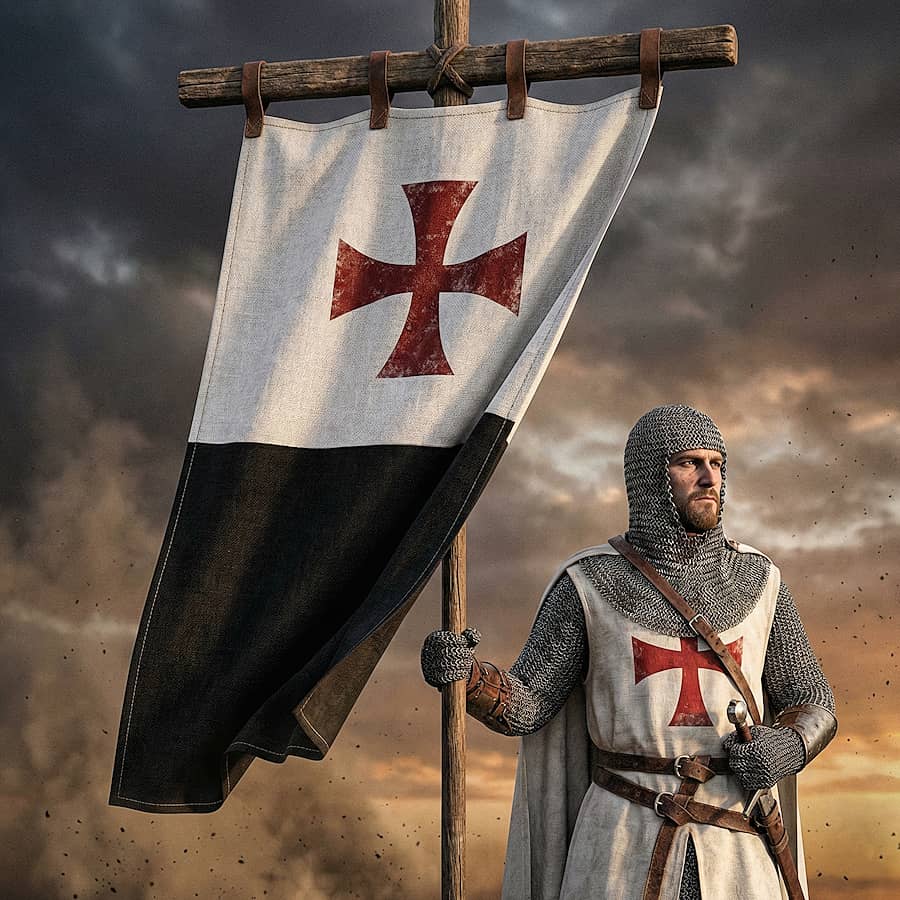 Le Baussant, l’étendard noir et blanc qui guidait les Templiers au combat. Les illustrations de cette rubrique sont créées à l’aide de l’intelligence artificielle, sous la direction de notre équipe éditoriale. Cette technologie nous permet de donner vie à des scènes historiques ou légendaires, dans le respect de notre passion pour l’authenticité et l’imaginaire. #Terressens, là où les récits prennent forme