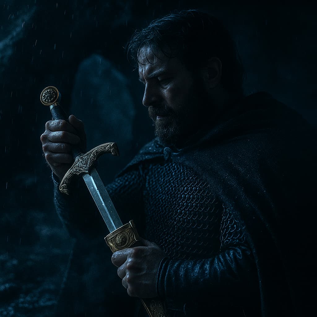 Carnwennan, la dague oubliée du roi Arthur. Les illustrations de cette rubrique sont créées à l’aide de l’intelligence artificielle, sous la direction de notre équipe éditoriale. Cette technologie nous permet de donner vie à des scènes historiques ou légendaires, dans le respect de notre passion pour l’authenticité et l’imaginaire. #Terressens, là où les récits prennent forme