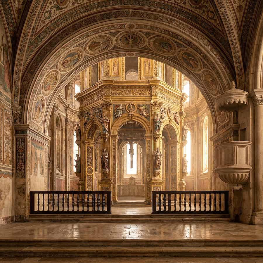 Charola de Tomar, la rotonde templière qui se révèle en pivot. Les illustrations de cette rubrique sont créées à l’aide de l’intelligence artificielle, sous la direction de notre équipe éditoriale. Cette technologie nous permet de donner vie à des scènes historiques ou légendaires, dans le respect de notre passion pour l’authenticité et l’imaginaire. #Terressens, là où les récits prennent forme