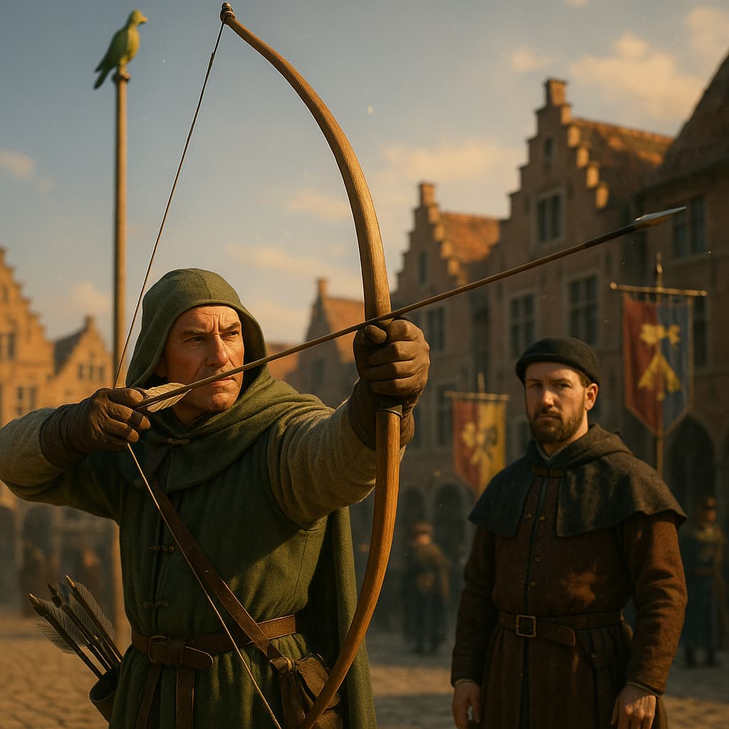 Confréries d’archers de Flandre : entraînement, tir à l’oiseau et “roi” du papegay Les illustrations de cette rubrique sont créées à l’aide de l’intelligence artificielle, sous la direction de notre équipe éditoriale. Cette technologie nous permet de donner vie à des scènes historiques ou légendaires, dans le respect de notre passion pour l’authenticité et l’imaginaire. #Terressens, là où les récits prennent forme