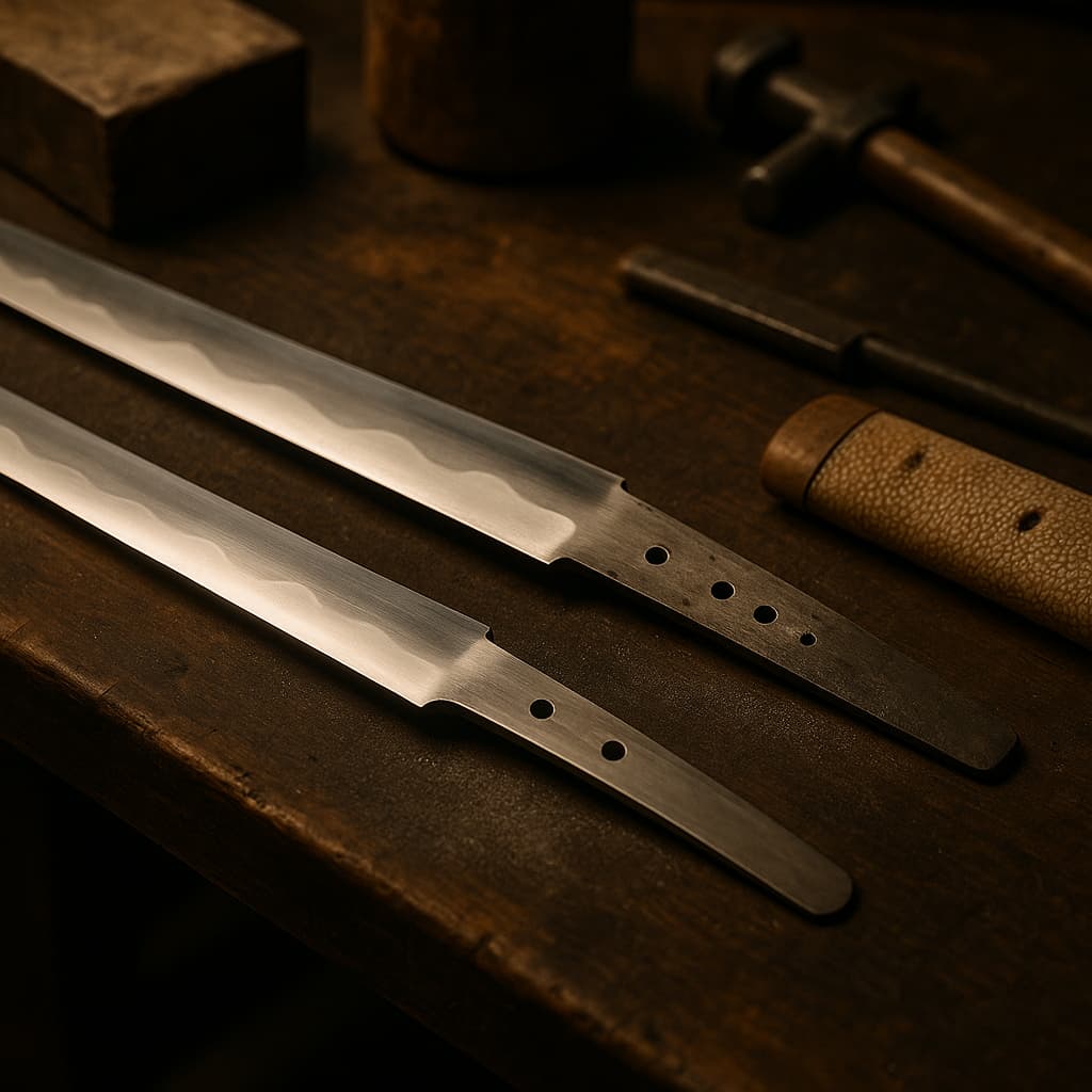Des tachi médiévaux raccourcis en katana. Les illustrations de cette rubrique sont créées à l’aide de l’intelligence artificielle, sous la direction de notre équipe éditoriale. Cette technologie nous permet de donner vie à des scènes historiques ou légendaires, dans le respect de notre passion pour l’authenticité et l’imaginaire. #Terressens, là où les récits prennent forme