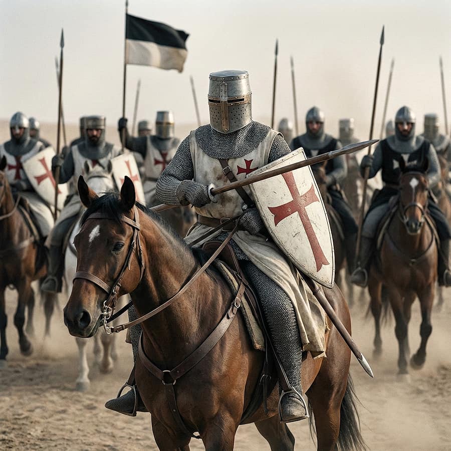 Du « kite » au heater : le bouclier templier change de forme au XIIIᵉ. Les illustrations de cette rubrique sont créées à l’aide de l’intelligence artificielle, sous la direction de notre équipe éditoriale. Cette technologie nous permet de donner vie à des scènes historiques ou légendaires, dans le respect de notre passion pour l’authenticité et l’imaginaire. #Terressens, là où les récits prennent forme