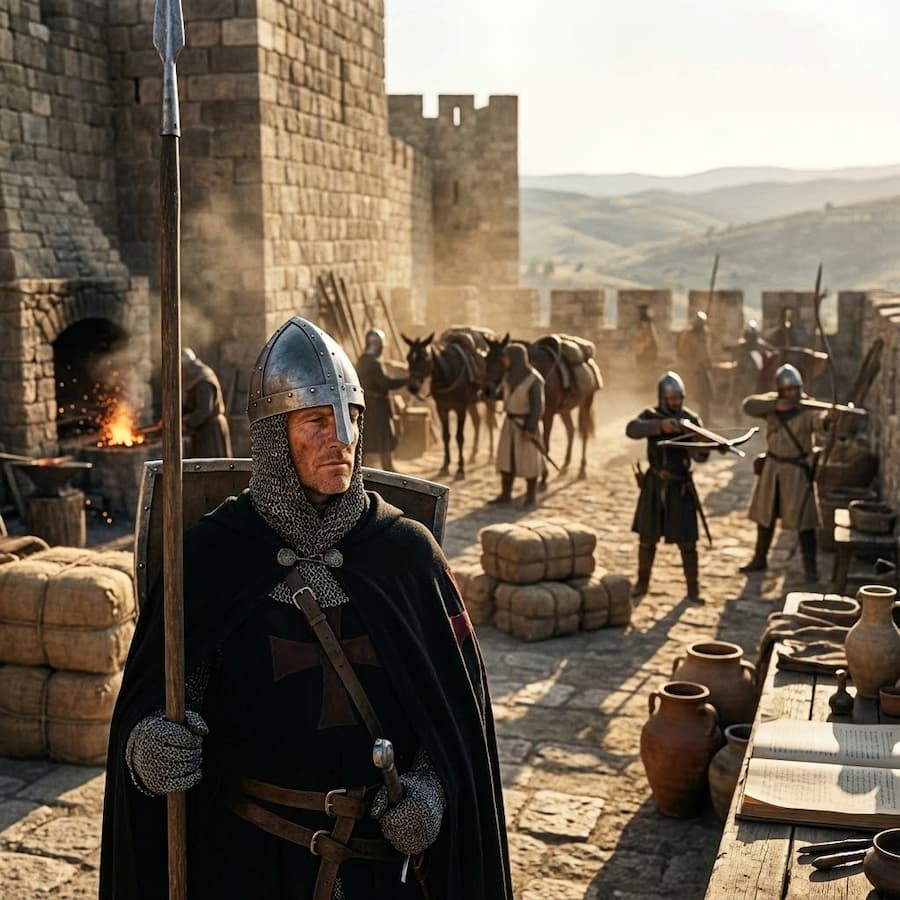 Frères sergents, l’épine dorsale du Temple. Les illustrations de cette rubrique sont créées à l’aide de l’intelligence artificielle, sous la direction de notre équipe éditoriale. Cette technologie nous permet de donner vie à des scènes historiques ou légendaires, dans le respect de notre passion pour l’authenticité et l’imaginaire. #Terressens, là où les récits prennent forme