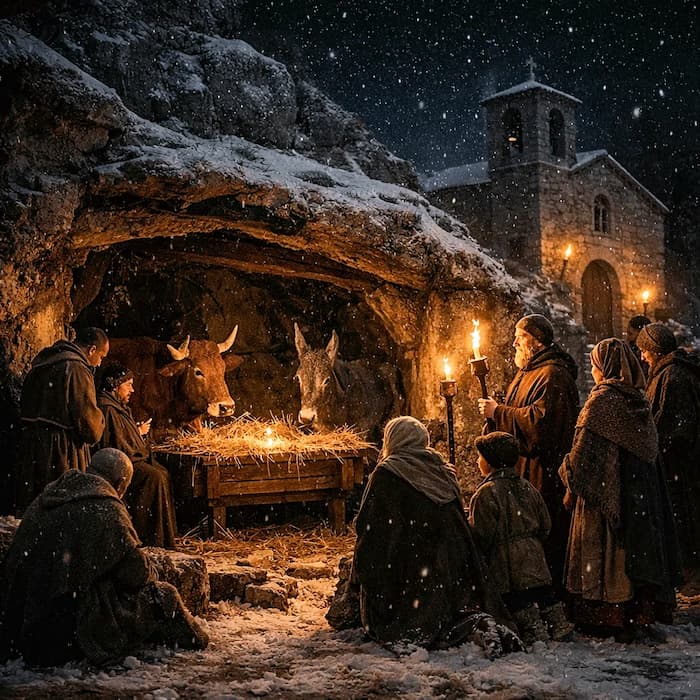 Greccio 1223, la nuit de la première crèche. Les illustrations de cette rubrique sont créées à l’aide de l’intelligence artificielle, sous la direction de notre équipe éditoriale. Cette technologie nous permet de donner vie à des scènes historiques ou légendaires, dans le respect de notre passion pour l’authenticité et l’imaginaire. #Terressens, là où les récits prennent forme