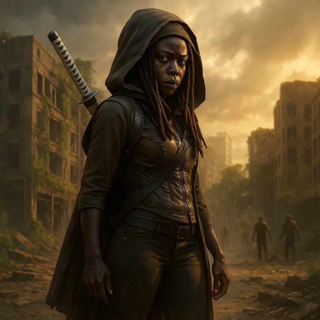 Katana de Michonne, icône de survie... et de cinéma. Les illustrations de cette rubrique sont créées à l’aide de l’intelligence artificielle, sous la direction de notre équipe éditoriale. Cette technologie nous permet de donner vie à des scènes historiques ou légendaires, dans le respect de notre passion pour l’authenticité et l’imaginaire. #Terressens, là où les récits prennent forme