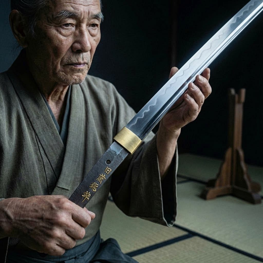 Le katana aux inscriptions des corps tranchés. Les illustrations de cette rubrique sont créées à l’aide de l’intelligence artificielle, sous la direction de notre équipe éditoriale. Cette technologie nous permet de donner vie à des scènes historiques ou légendaires, dans le respect de notre passion pour l’authenticité et l’imaginaire. #Terressens, là où les récits prennent forme