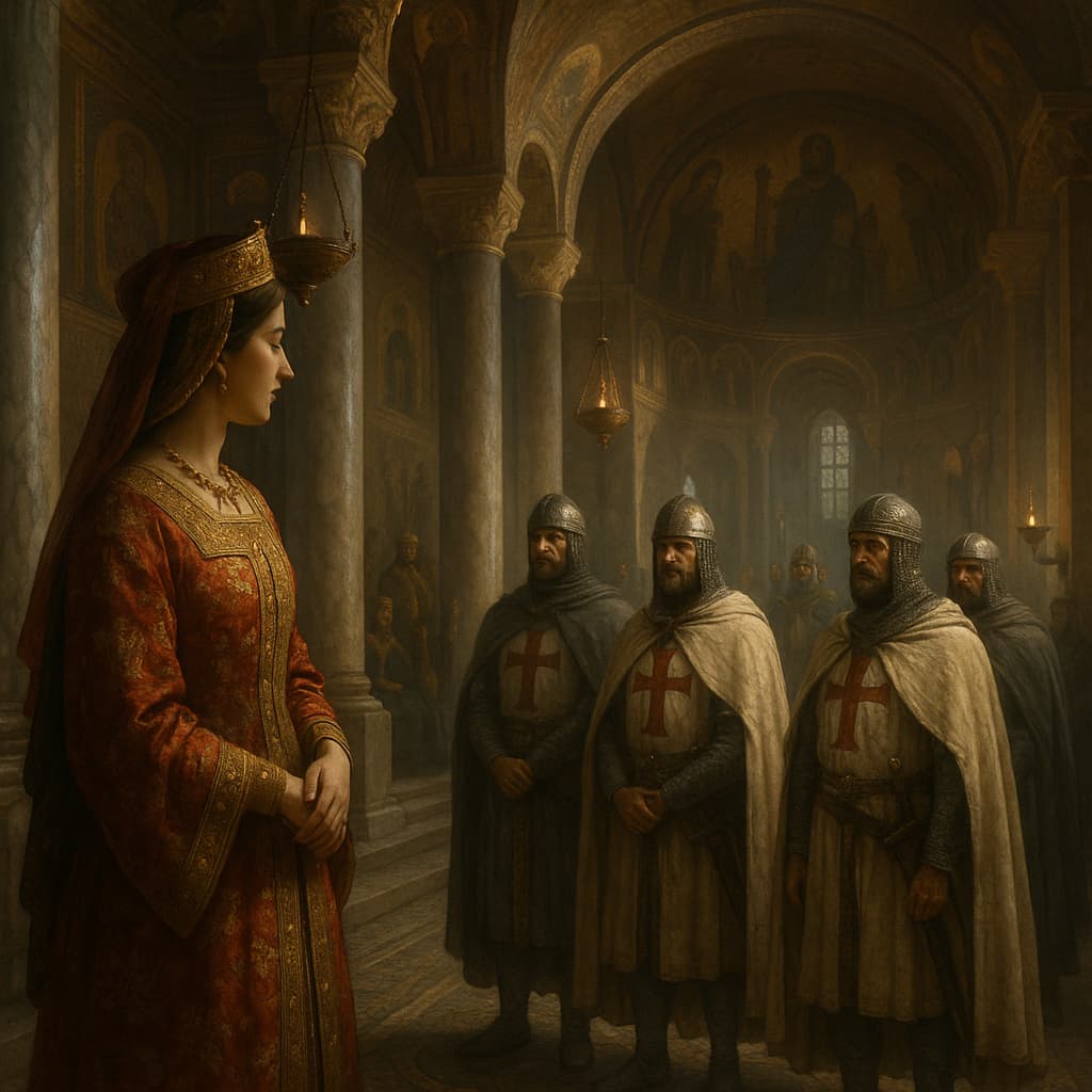 Les Templiers vus par une princesse byzantine. Les illustrations de cette rubrique sont créées à l’aide de l’intelligence artificielle, sous la direction de notre équipe éditoriale. Cette technologie nous permet de donner vie à des scènes historiques ou légendaires, dans le respect de notre passion pour l’authenticité et l’imaginaire. #Terressens, là où les récits prennent forme