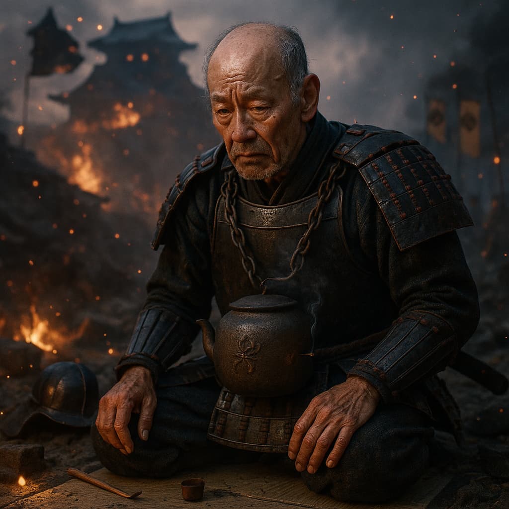 Matsunaga Hisahide, la théière Hiragumo et la trahison. Les illustrations de cette rubrique sont créées à l’aide de l’intelligence artificielle, sous la direction de notre équipe éditoriale. Cette technologie nous permet de donner vie à des scènes historiques ou légendaires, dans le respect de notre passion pour l’authenticité et l’imaginaire. #Terressens, là où les récits prennent forme