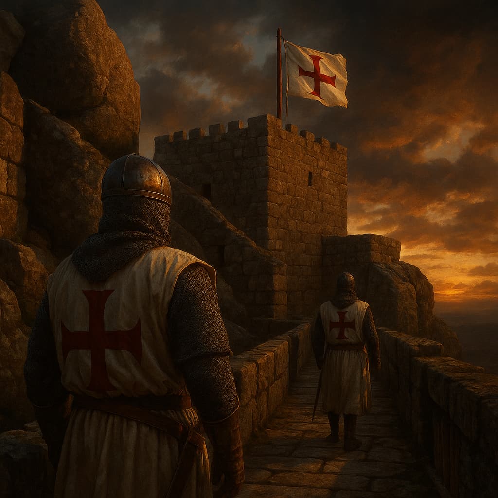 Monsanto, la sentinelle templière du Portugal. Les illustrations de cette rubrique sont créées à l’aide de l’intelligence artificielle, sous la direction de notre équipe éditoriale. Cette technologie nous permet de donner vie à des scènes historiques ou légendaires, dans le respect de notre passion pour l’authenticité et l’imaginaire. #Terressens, là où les récits prennent forme