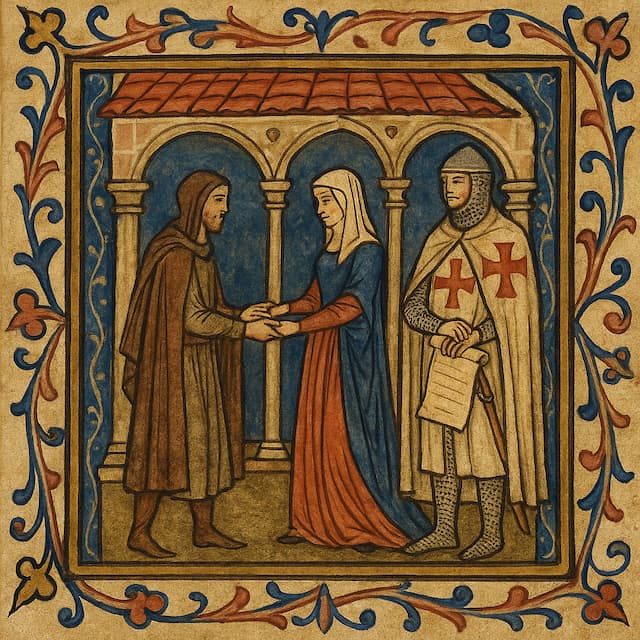 Oui, certains Templiers étaient... mariés !
Les illustrations de cette rubrique sont créées à l’aide de l’intelligence artificielle, sous la direction de notre équipe éditoriale.
Cette technologie nous permet de donner vie à des scènes historiques ou légendaires, dans le respect de notre passion pour l’authenticité et l’imaginaire. 
#Terressens, là où les récits prennent forme