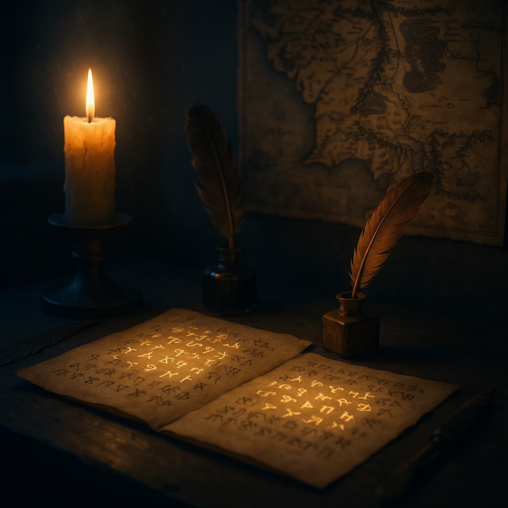 Quand les langues créent le monde, le secret de Tolkien. Les illustrations de cette rubrique sont créées à l’aide de l’intelligence artificielle, sous la direction de notre équipe éditoriale. Cette technologie nous permet de donner vie à des scènes historiques ou légendaires, dans le respect de notre passion pour l’authenticité et l’imaginaire. #Terressens, là où les récits prennent forme