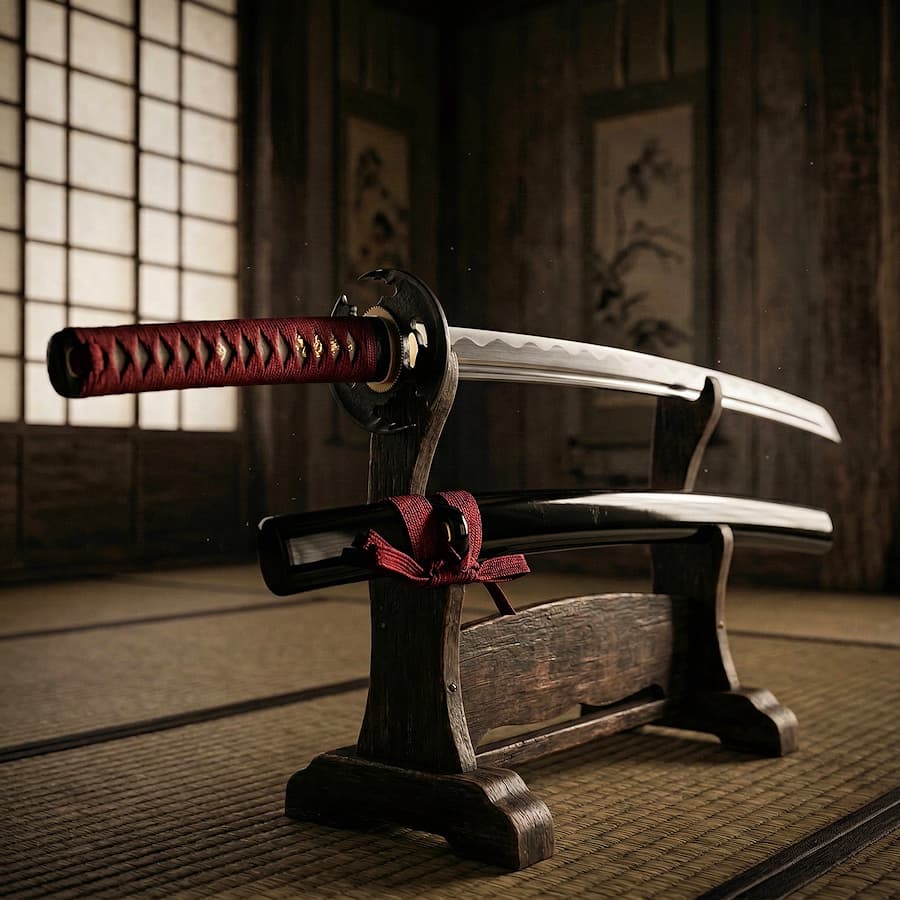 Le rouge du katana, une couleur de protection et de pouvoir. Les illustrations de cette rubrique sont créées à l’aide de l’intelligence artificielle, sous la direction de notre équipe éditoriale. Cette technologie nous permet de donner vie à des scènes historiques ou légendaires, dans le respect de notre passion pour l’authenticité et l’imaginaire. #Terressens, là où les récits prennent forme