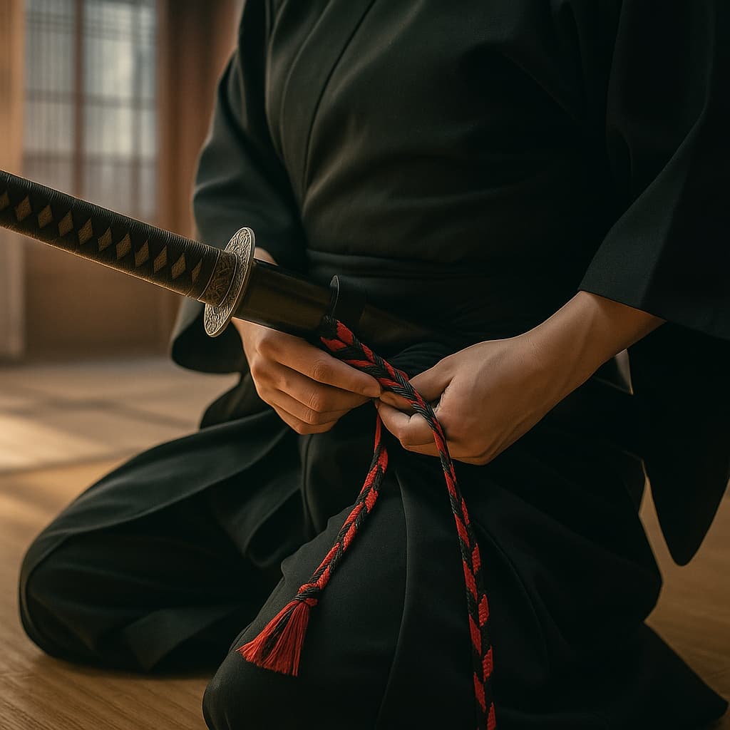Sageo, la petite corde qui fait toute la différence en iaido. Les illustrations de cette rubrique sont créées à l’aide de l’intelligence artificielle, sous la direction de notre équipe éditoriale. Cette technologie nous permet de donner vie à des scènes historiques ou légendaires, dans le respect de notre passion pour l’authenticité et l’imaginaire. #Terressens, là où les récits prennent forme