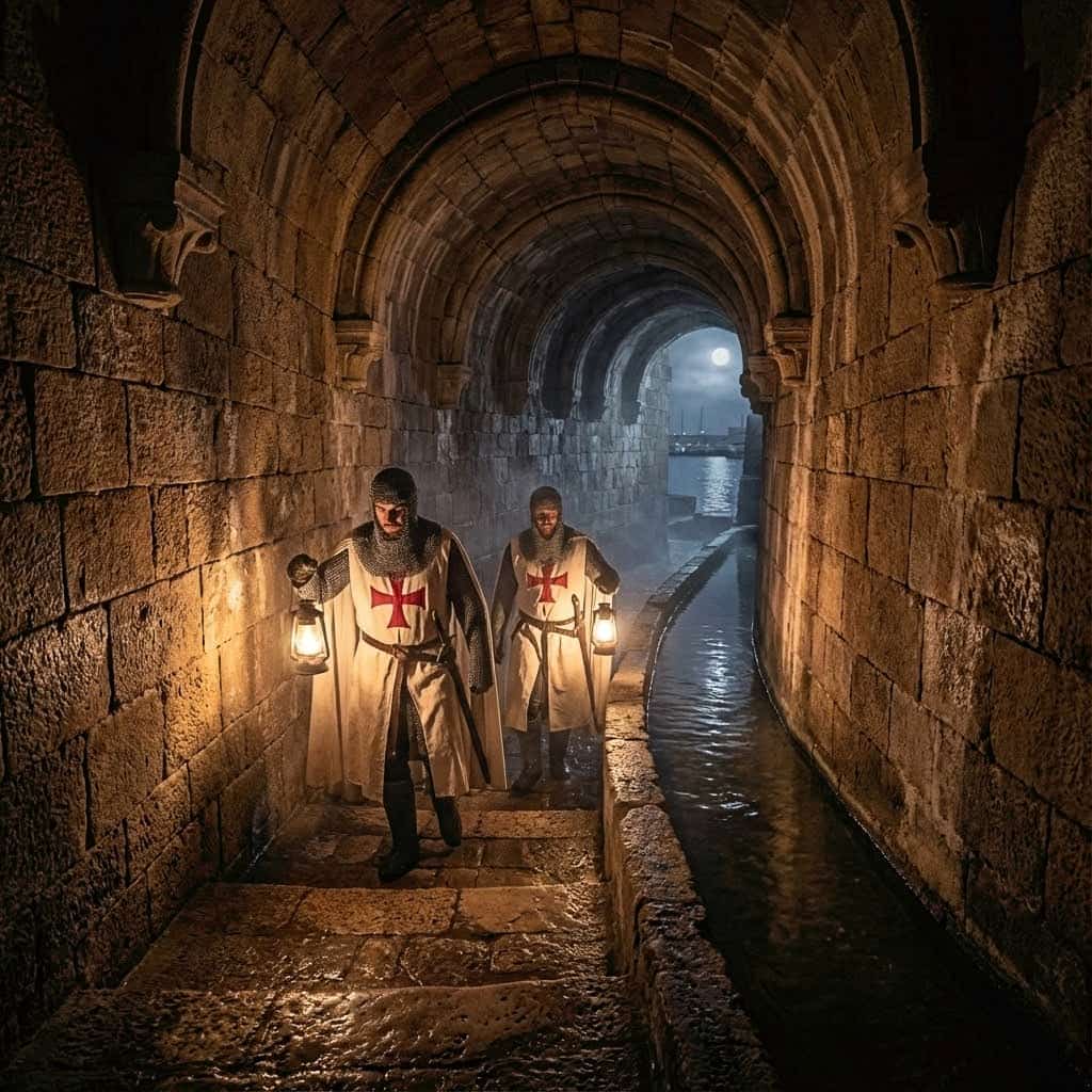 Sous Acre, le réseau secret des Templiers... et des égouts. Les illustrations de cette rubrique sont créées à l’aide de l’intelligence artificielle, sous la direction de notre équipe éditoriale. Cette technologie nous permet de donner vie à des scènes historiques ou légendaires, dans le respect de notre passion pour l’authenticité et l’imaginaire. #Terressens, là où les récits prennent forme