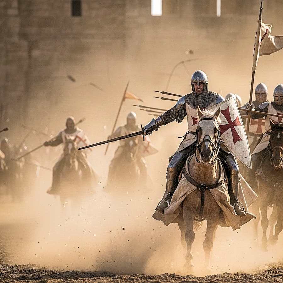 Templiers, lance couchée et épée, l’art du choc au XIIIᵉ. Les illustrations de cette rubrique sont créées à l’aide de l’intelligence artificielle, sous la direction de notre équipe éditoriale. Cette technologie nous permet de donner vie à des scènes historiques ou légendaires, dans le respect de notre passion pour l’authenticité et l’imaginaire. #Terressens, là où les récits prennent forme