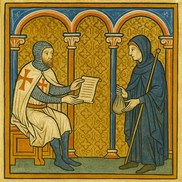 Quand les Templiers inventaient le premier chèque de voyage
Les illustrations de cette rubrique sont créées à l’aide de l’intelligence artificielle, sous la direction de notre équipe éditoriale.
Cette technologie nous permet de donner vie à des scènes historiques ou légendaires, dans le respect de notre passion pour l’authenticité et l’imaginaire. 
#Terressens, là où les récits prennent forme