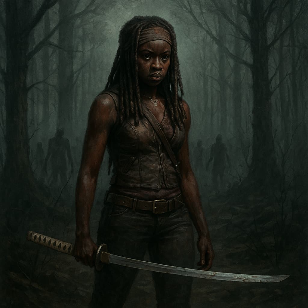 Michonne dans une forêt post-apocalyptique brandissant son katana
Les illustrations de cette rubrique sont créées à l’aide de l’intelligence artificielle, sous la direction de notre équipe éditoriale.
Cette technologie nous permet de donner vie à des scènes historiques ou légendaires, dans le respect de notre passion pour l’authenticité et l’imaginaire.
#Terressens, là où les récits prennent forme