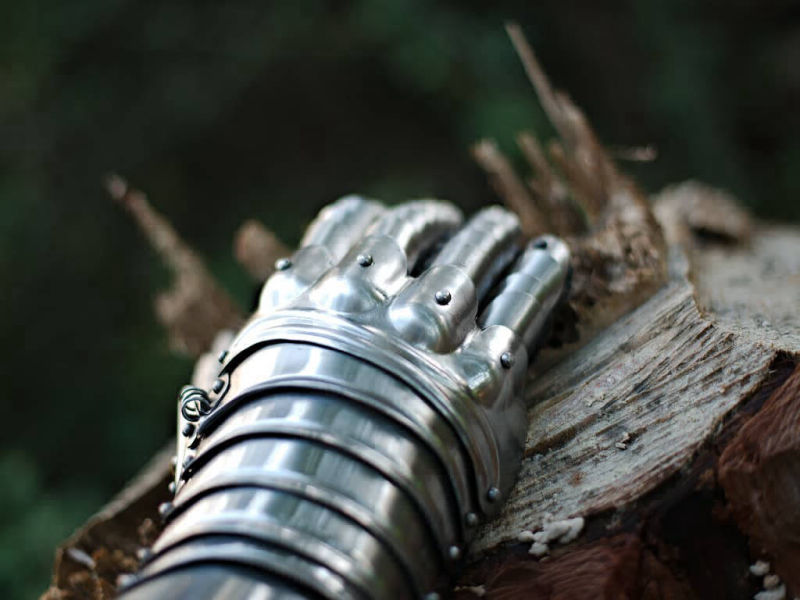 Gantelet médiéval articulé posé sur un tronc d'arbre dans une forêt