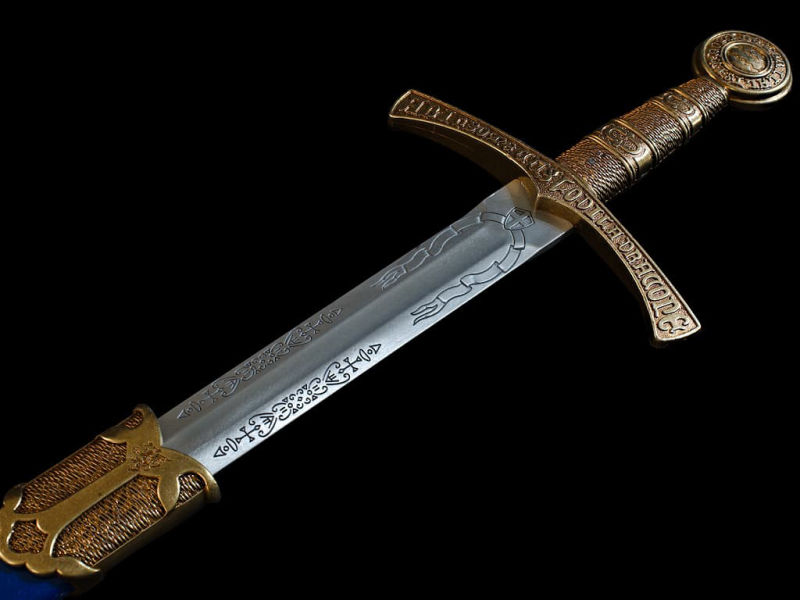 Épée « In Nomine Veritatis », fourreau bleu France et Fleurs de lys #Terressens Excalibur, l'Épée du roi Arthur, avec fourreau rouge tressé #Terressens