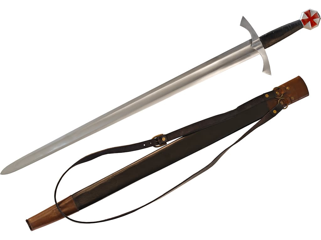 Épée médiévale du chevalier croisé avec son fourreau en cuir brun lacé de noir Épée forgée « Croisade » ☩ #Terressens