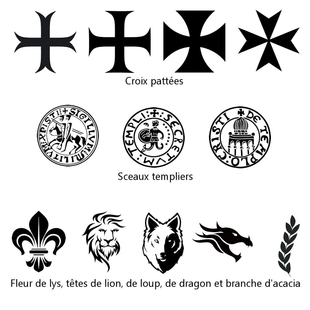 Exemples de graphismes à graver sur une lame d'une épée ou d'une dague : croix pattées et templières, sceaux templiers, fleur de lys, tête de lion, de loup et de dragon et branche d'acacia #Terressens
