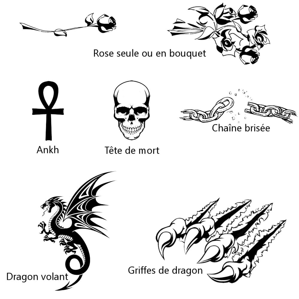 Exemples de graphismes à graver sur une lame d'une épée ou d'une dague : rose seule ou en bouquet, Ankh (clé de vie), tête de mort, chaîne brisée, dragon volant et griffes de dragon #Terressens