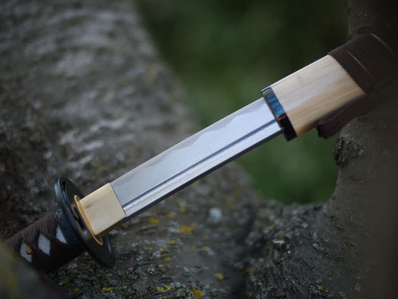 Katana aiguisé bois (mù, 木) métal (jīn, 金), posé sur un cerisier Katana aiguisé bois (mù, 木) métal (jīn, 金), posé sur un cerisier