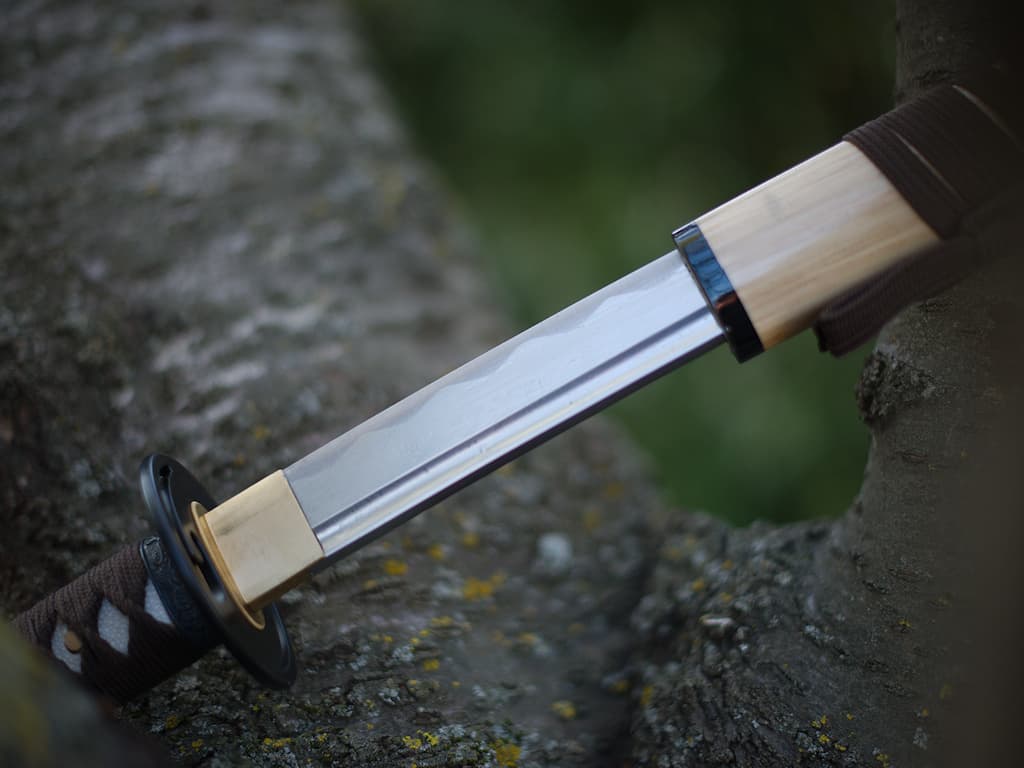 Katana aiguisé bois (mù, 木) métal (jīn, 金), posé sur un cerisier Katana aiguisé bois (mù, 木) métal (jīn, 金), posé sur un cerisier