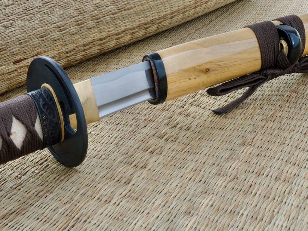 Katana aiguisé bois (mù, 木) métal (jīn, 金), posé sur une natte de paille Katana aiguisé bois (mù, 木) métal (jīn, 金), posé sur une natte de paille