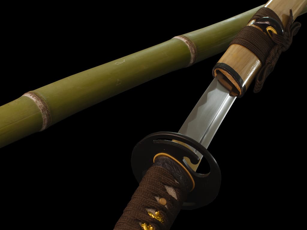 Mù-jīn, wakizashi aiguisé bois (mù, 木) métal (jīn, 金) : détail de la lame sortant de son fourreau (saya), posé sur un bambou naturel