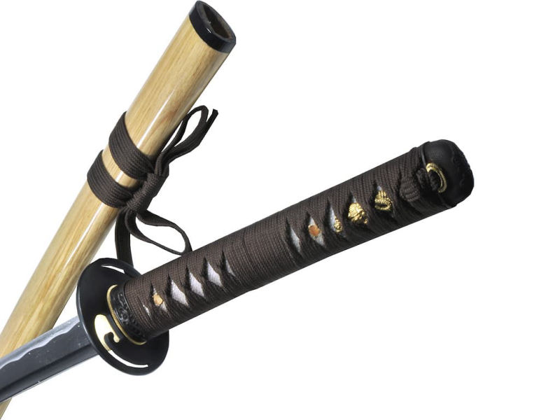Mù-jīn, wakizashi aiguisé bois (mù, 木) métal (jīn, 金) : détail de le saya et de la tsuka