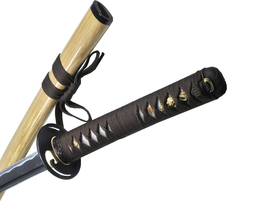 Mù-jīn, wakizashi aiguisé bois (mù, 木) métal (jīn, 金) : détail de le saya et de la tsuka
