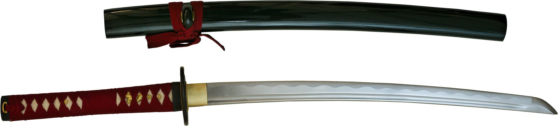 Wakizashi aiguisé Ake (朱, rouge sang), ito et sageo rouge sombre #Terressens