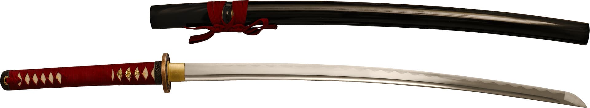 Katana aiguisé « Fugen jikkō » (不言実行 « parler peu, mais agir »), lame gravée, monture rouge #Terressens