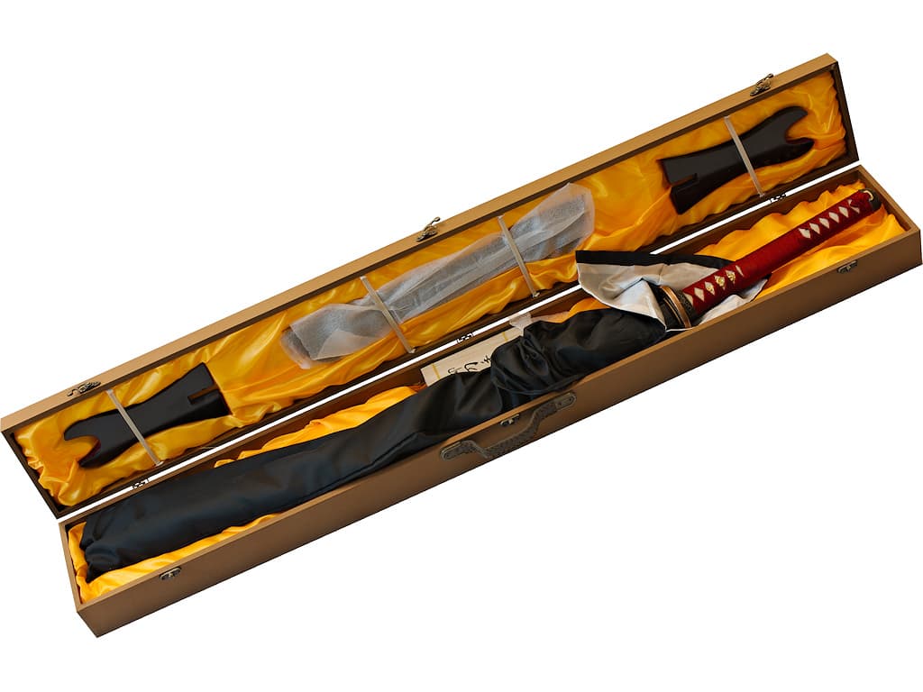 Katana aiguisé « Fugen jikkō » (不言実行 « parler peu, mais agir »), lame gravée, monture rouge #Terressens