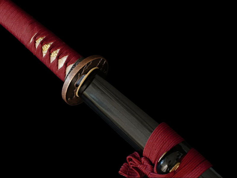 Katana aiguisé « Fugen jikkō » (不言実行 « parler peu, mais agir »), lame gravée, monture rouge #Terressens