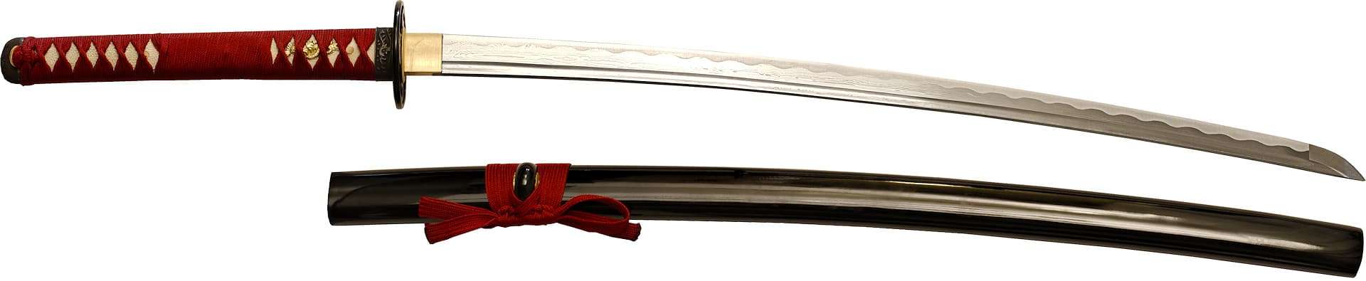 Katana aiguisé forge Damas « Ketsueki » (血液, sang), tressages rouges #Terressens