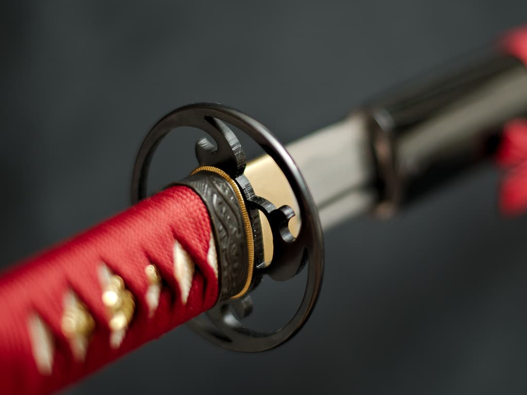 Katana aiguisé forge Damas « Ketsueki » (血液, sang), tressages rouges #Terressens