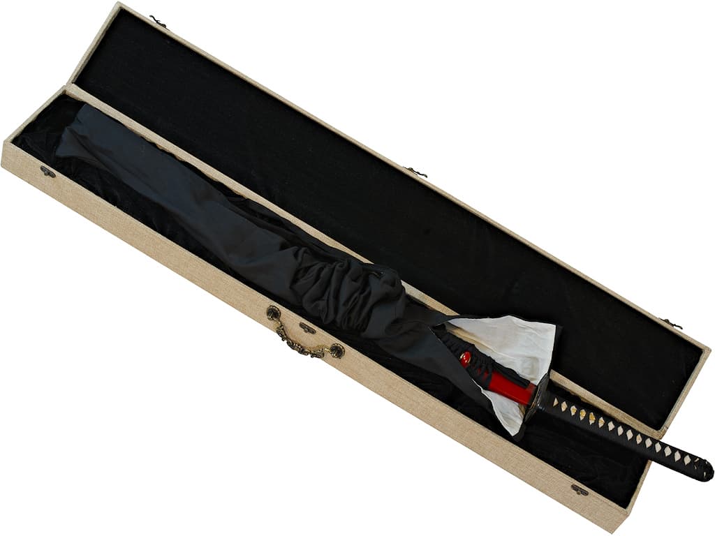 Katana aiguisé « ikazuchi » (雷 foudre, tonnerre), forge Shihomizue, trempe sélective, rouge et noir #Terressens