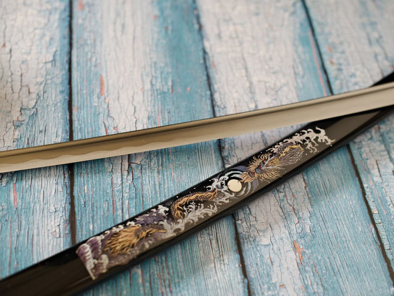 Katana aiguisé « Ryūjin » (龍神), Dieu de l’océan, sérigraphie Dragon sur le saya #Terressens