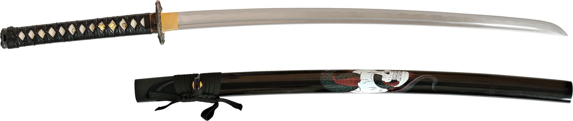 Katana aiguisé « L'ombre du chaos », décors avec serpent, crânes humains et de diables #Terressens