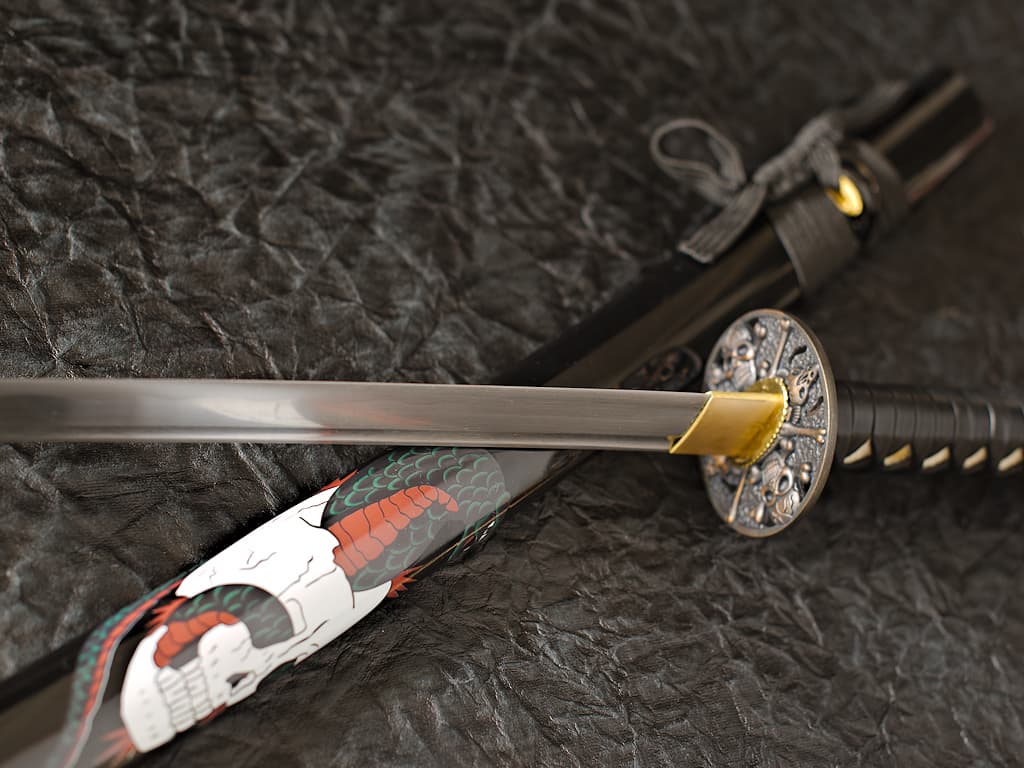 Katana aiguisé « L'ombre du chaos », décors avec serpent, crânes humains et de diables #Terressens