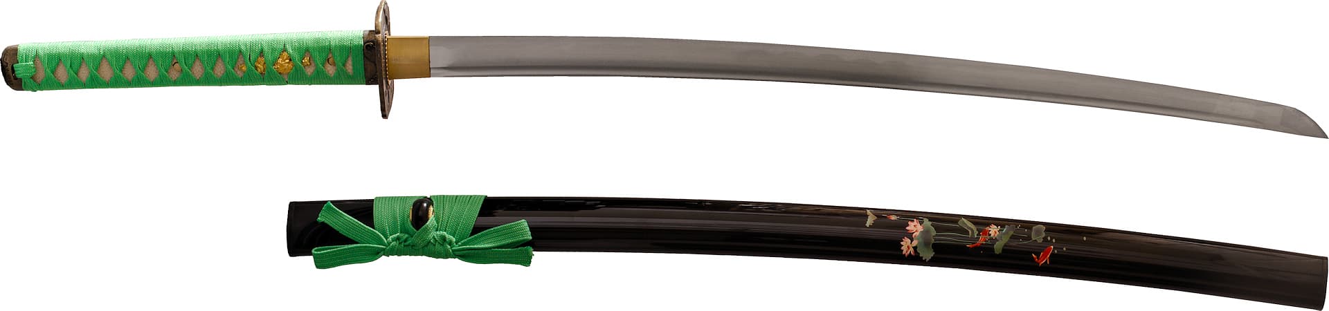 Katana aiguisé « Hasunohana » (蓮の花 lotus sacré), sérigraphie sur le saya, cordages vert clair #Terressens